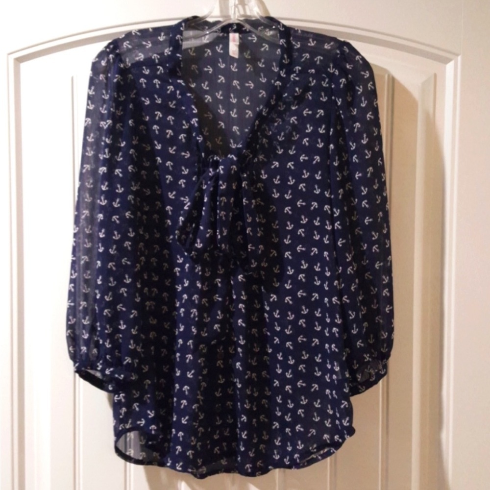 Xhilaration Navy Blue Semi-sheer Anchor Blouse PS
